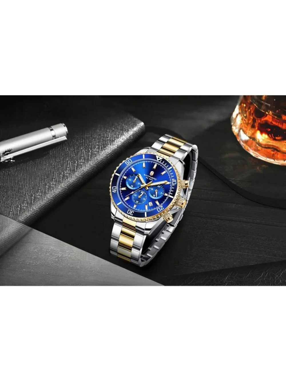 Men's Gold Silver Strap Blue Chronograph Stainless Steel Waterproof Wrist Watch
